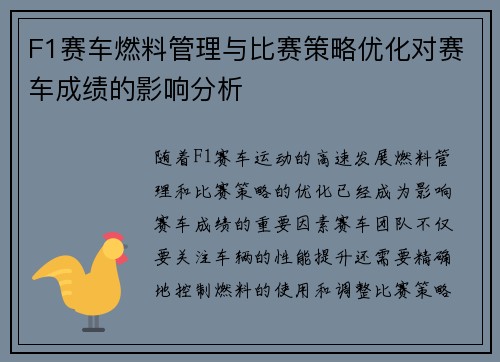 F1赛车燃料管理与比赛策略优化对赛车成绩的影响分析 F1赛车燃料管理与比赛策略优化对赛车成绩的影响分析