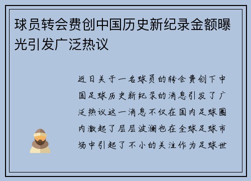 球员转会费创中国历史新纪录金额曝光引发广泛热议